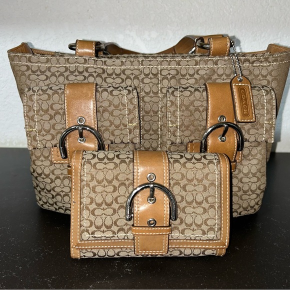 Coach Tan and Brown Signature Shoulder Bag and Wallet - Picture 1 of 11